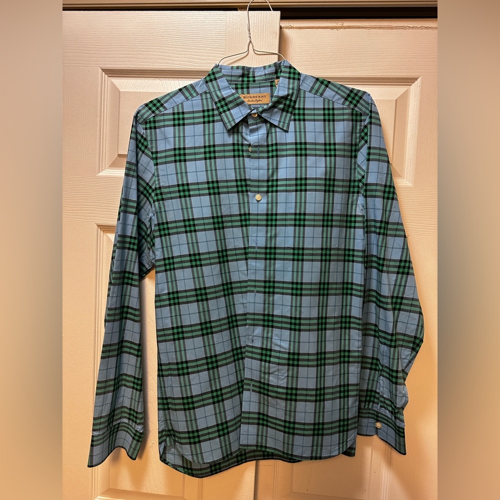 Burberry Men’s blue and green plaid dress shirt Large! Unique design and colors!